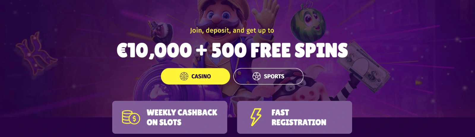 Greatslots Casino promotional banner — €10,000, 500 free spins