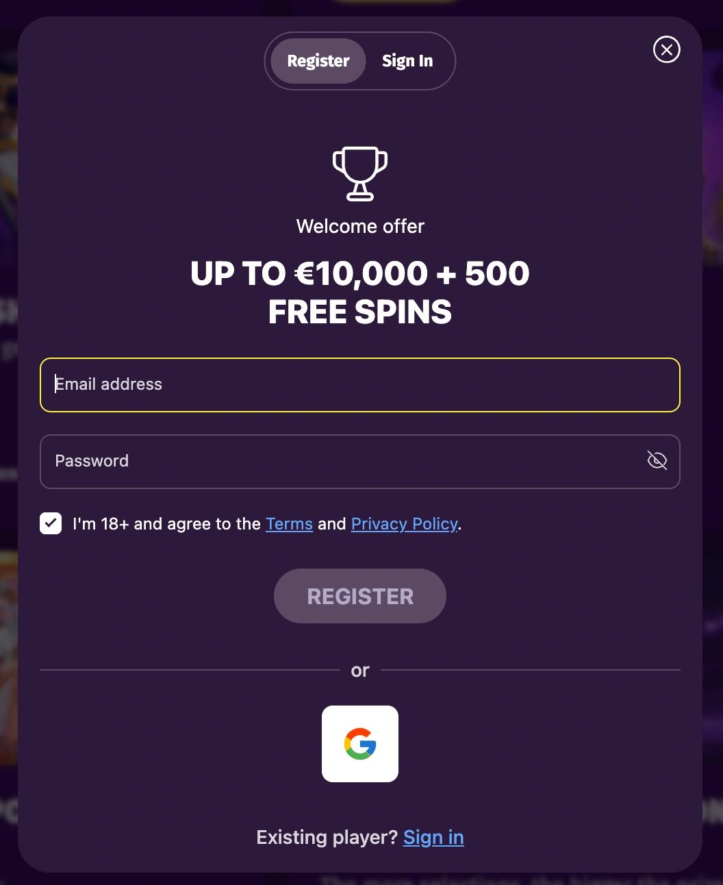 Registration form for a new account at greatslots Casino — €10,000, 500 free spins